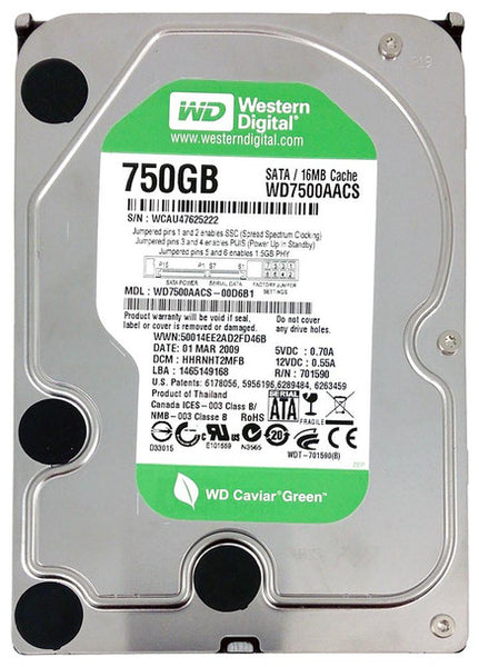 Part No: WD7500AACS-00D6B1 - Western Digital Caviar Green 750GB 7200RPM SATA 3Gbps 16MB Cache 3.5-inch Internal Hard Drive (Refurbished)