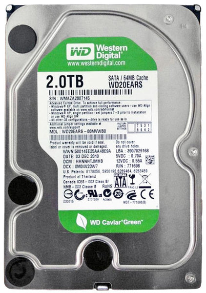 Part No: WD20EARS-00MVWB0 - Western Digital Caviar Green 2TB 5400RPM SATA 3Gbps 64MB Cache 3.5-inch Internal Hard Drive (Refurbished)
