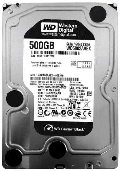 Part No: WD5002AAEX - Western Digital Caviar Black 500GB 7200RPM SATA 6Gbps 32MB Cache 3.5-inch Internal Hard Drive (Refurbished)