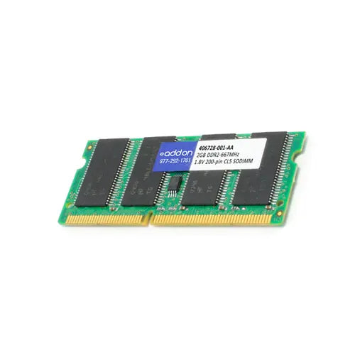 HP 406728-001 2GB DDR2-667/PC2-5300 SODIMM 200-Pin CL5 Dual Rank X8 Non-ECC Unbuffered Memory Module HP Part Number: 406728-001