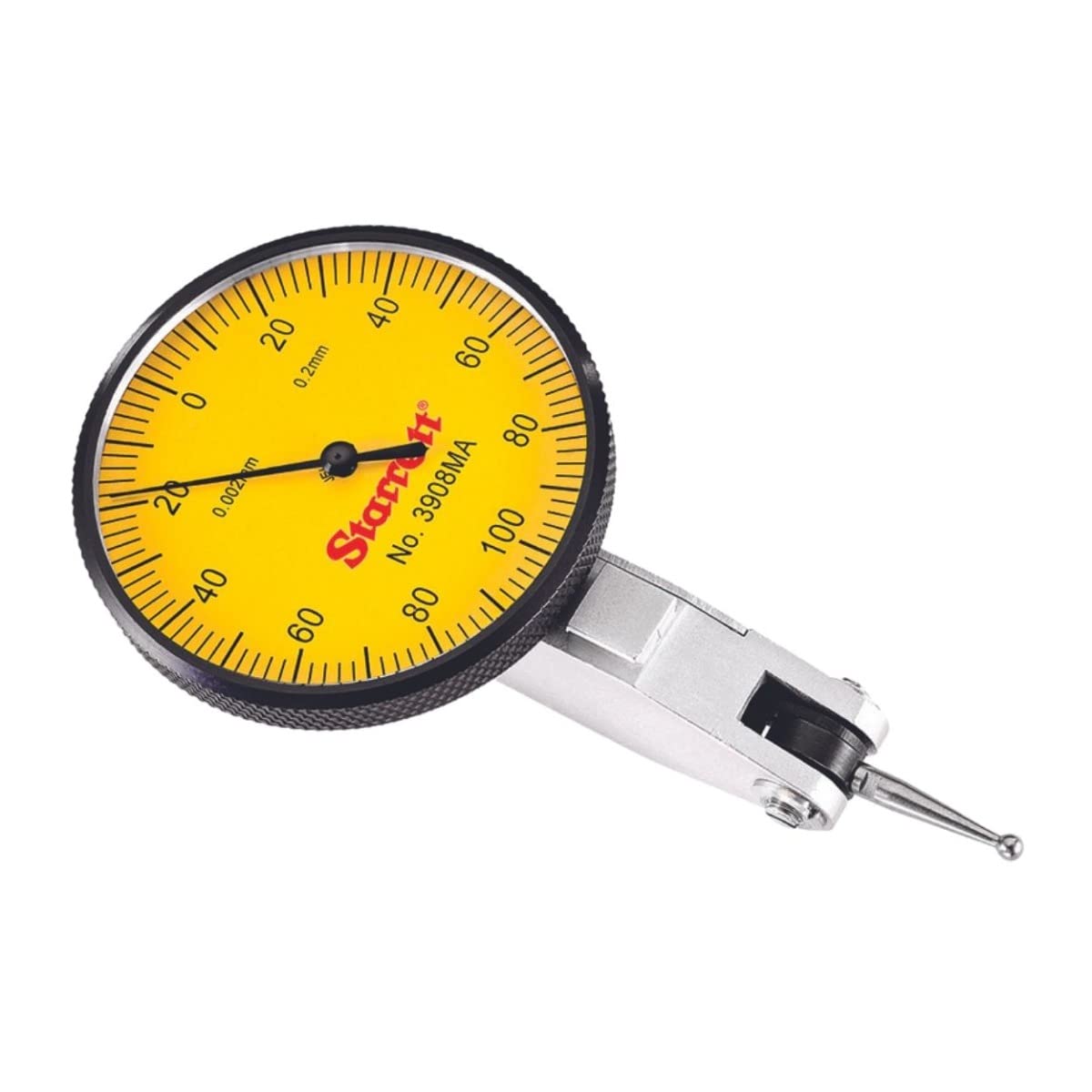 Starrett Dial Test Indicator with Dovetail Mount, Two Dovetail Clamps and Case - 40mm Yellow Dial Face, 0.2mm Range, 0-100-0 Dial Reading, 0.002mm Graduations - 3908MA