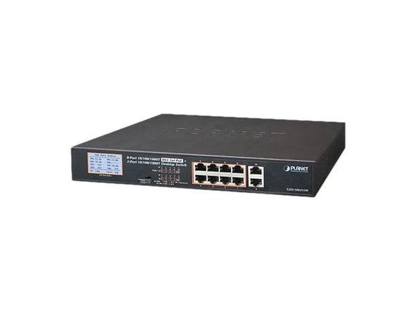 Planet GSD-1002VHP 8 X Ports PoE+ 10/100/1000Base-T + 2 X Ports 1GbE RJ-45 1U Rack-Mountable Gigabit Ethernet Switch Planet Part Number: GSD-1002VHP