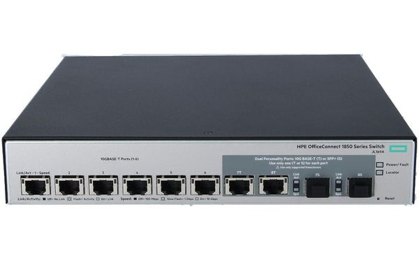 HPE JL169A OfficeConnect 1850 Series 1850 6XGT And 2XGT/SPF+ 6 X RJ-45 1/10GBASE-T Ports + 2 X Dual-Personality SFP+ 1/10GBase-T Ports Layer 2 Managed 1U Rack-Mountable Gigabit Ethernet Network Switch HPE Part Number: JL169A