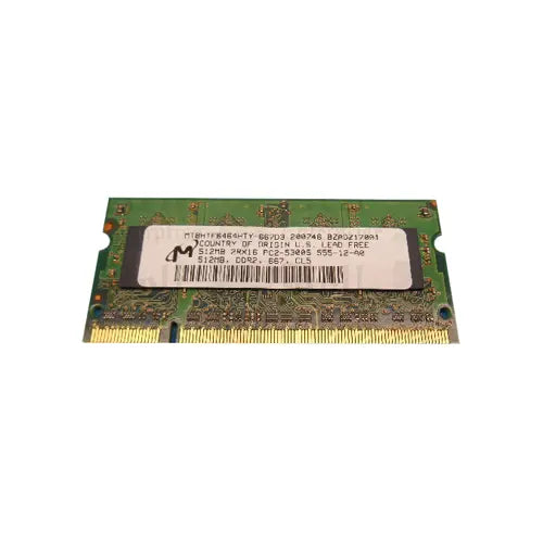 Micron MT8HTF6464HTY-667 512MB DDR2-667/PC2-5300 SODIMM 200-Pin CL5 Dual Rank X16 Non-ECC Unbuffered Memory Module Micron Part Number: MT8HTF6464HTY-667
