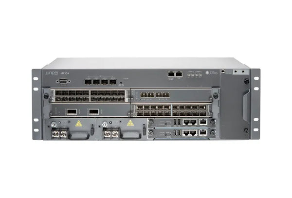 Juniper MX104-AC MX104 Chassis With 4 MIC Slots 4X10GE SFP+ Built-In Ports (License Required For Activation) AC Power Supply Fan Tray W/Filter Packet Forwarding Engine & Routing Engine Juniper Part Number: MX104-AC