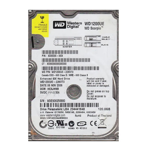 Western Digital WD1200UE-22KVT0 Scorpio 120GB 5400RPM EIDE 2MB Cache (RoHS) 2.5-Inch Hard Drive Western Digital Part Number: WD1200UE-22KVT0