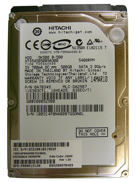 Part No: HTS545050B9A300 - Hitachi TravelStar 5K500.B 500GB 5400RPM 8MB Cache SATA 3GB/s 7-Pin 2.5-inch Laptop Hard Drive