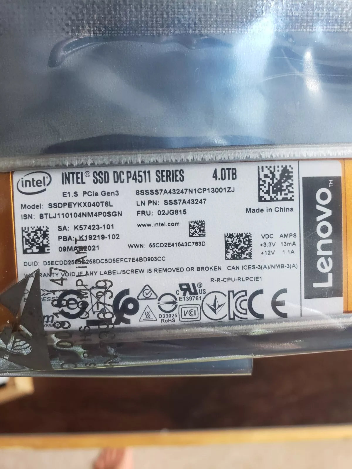 Lenovo Intel SSD DC P4511 4.0TB E1.S PCIe Gen3 Part no: -SSS7A43247- High-Performance Enterprise Storage